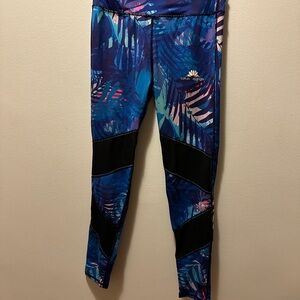 Lotus Leggings with Blue and Pink Leaf Design